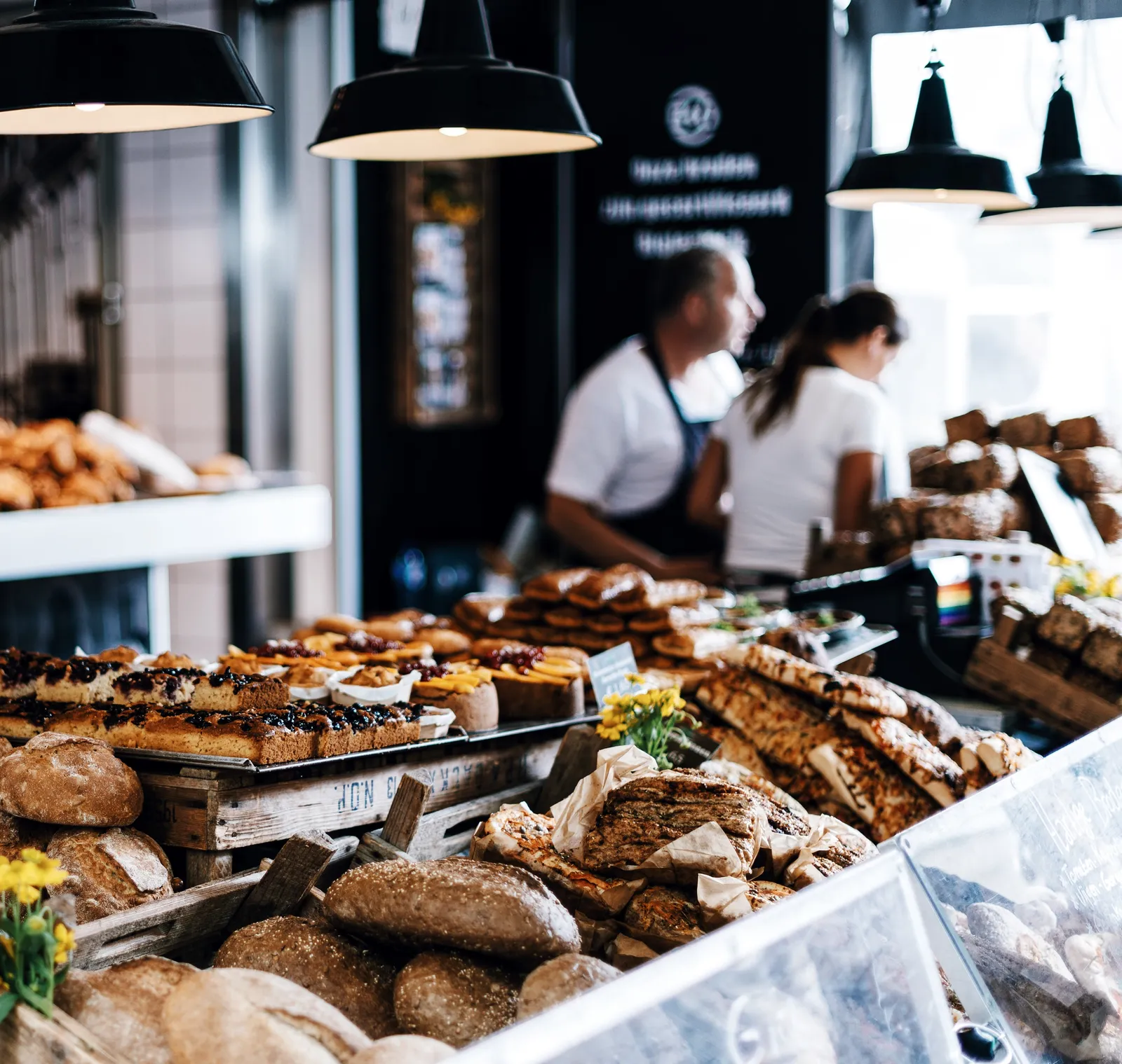 Bread, cakes and pastries on a bakery counter. The photo was not taken in Winston-Salem.