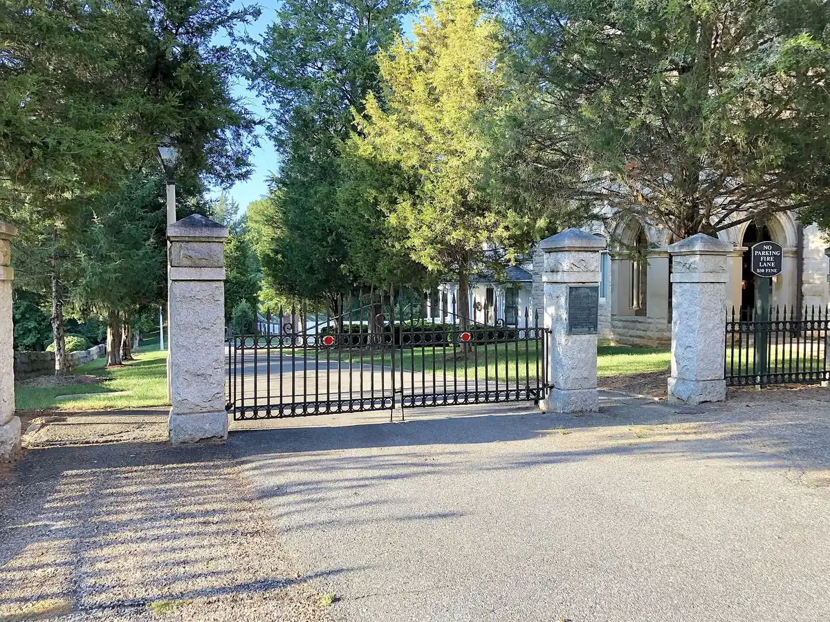 The stone gateposts at the entrance to God's Acre, the Moravian graveyard in Old Salem, where the Easter Sunrise Service ends.