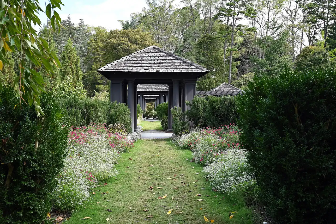 A garden path leads to the pergola at Reynolda Gardens in Winston-Salem, home of Reynolda's fall pumpkin patch hayride.