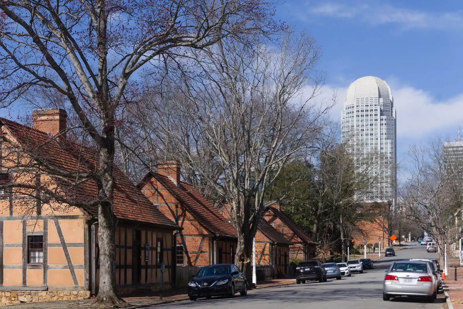 South Main Street in Old Salem, looking north toward the towers of downtown Winston-Salem.