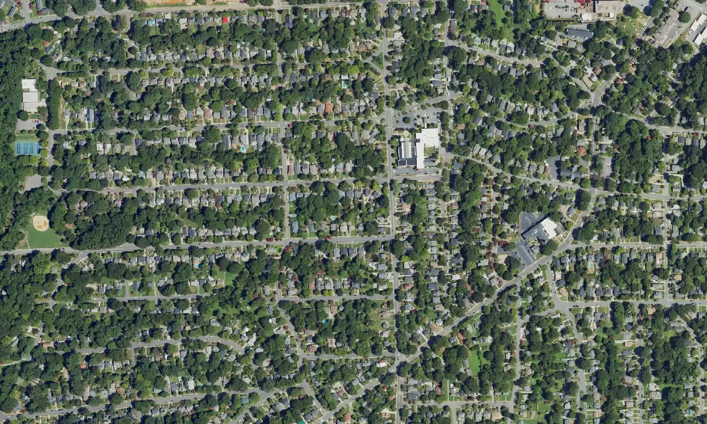 Aerial view of tree-lined streets and houses in the Ardmore neighborhood of Winston-Salem