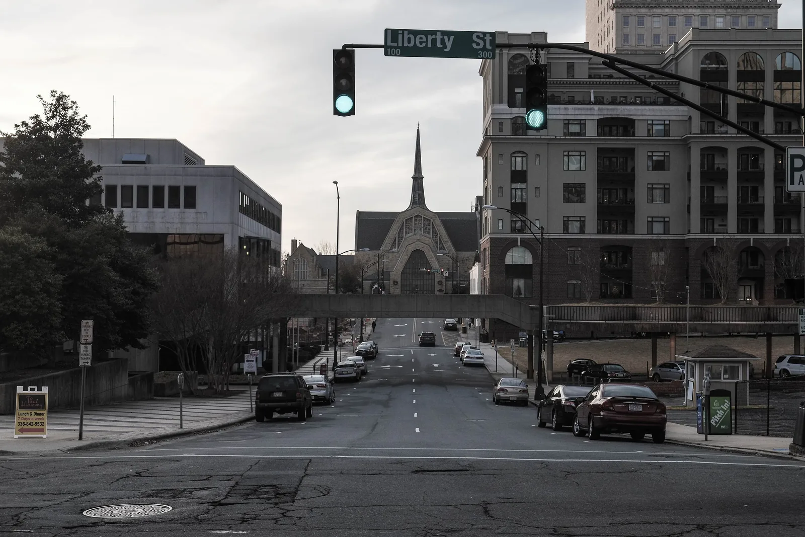 Liberty Street in downtown Winston-Salem, looking toward the office towers and church spires of the city center