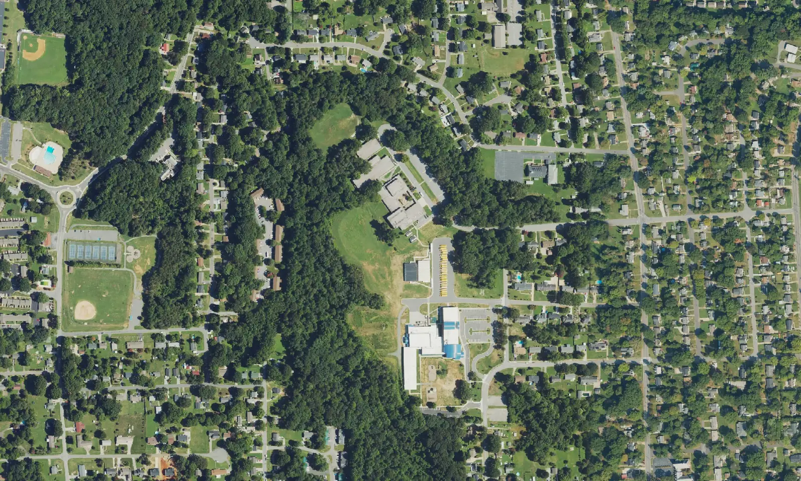 Aerial view of streets, homes and school grounds in the Konnoak Hills area of south Winston-Salem, around Konnoak Elementary School
