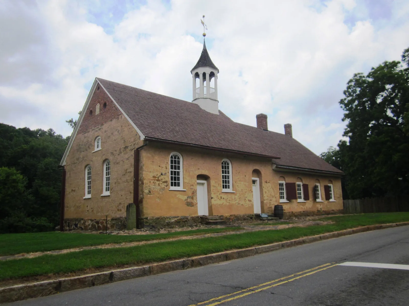 Bethabara Moravian Church at 2147 Bethabara Road in Historic Bethabara Park, Winston-Salem
