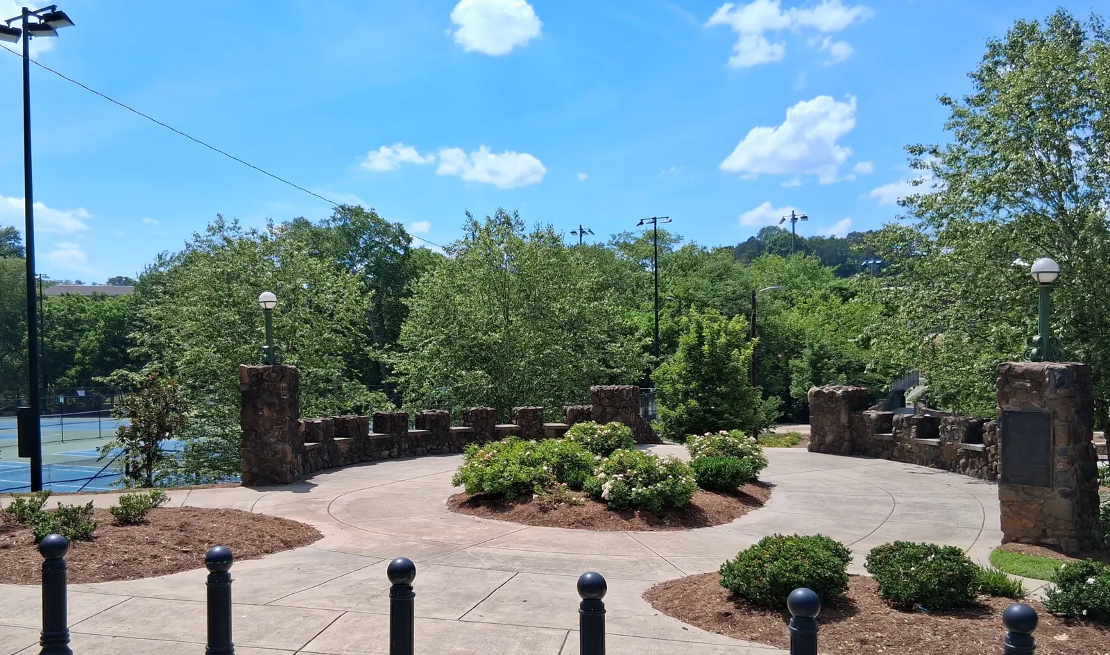 The stone-walled main entrance to Hanes Park in the West End of Winston-Salem