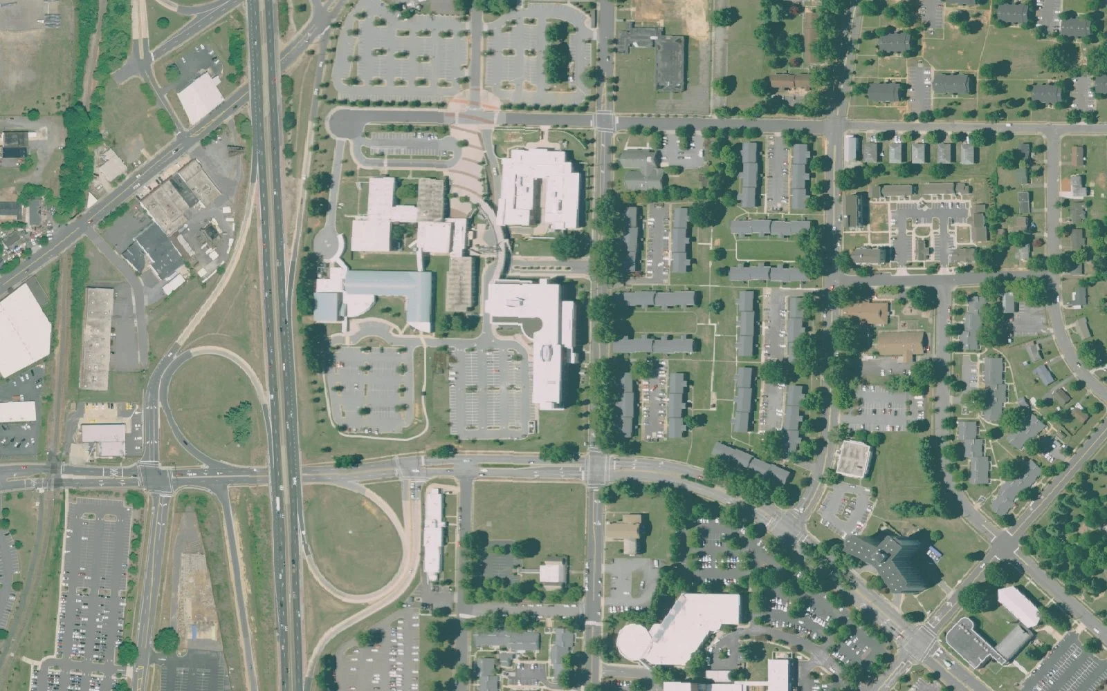 Winston-Salem/Forsyth County Schools campuses on Highland Court and East 11th Street, home of the Career Center, Carter High School and Kennedy High School, seen from the air