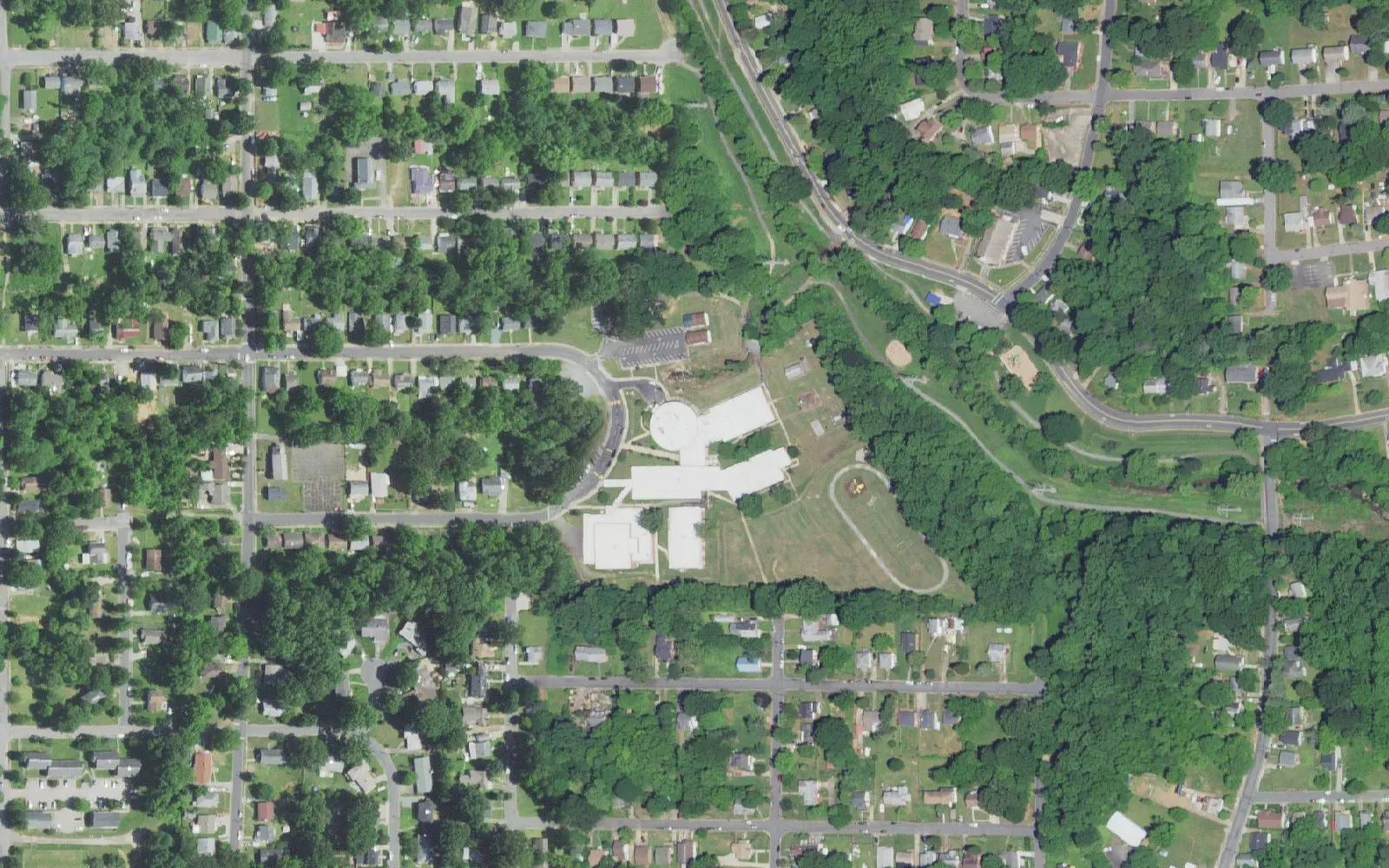 Ashley Academy and its grounds on Ashley School Circle in Winston-Salem, seen from the air