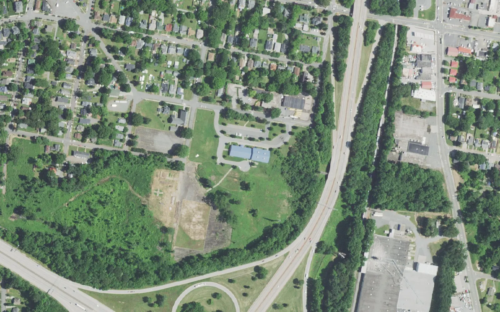 Carter G. Woodson School and its grounds on Goldfloss St. in Winston-Salem, seen from the air