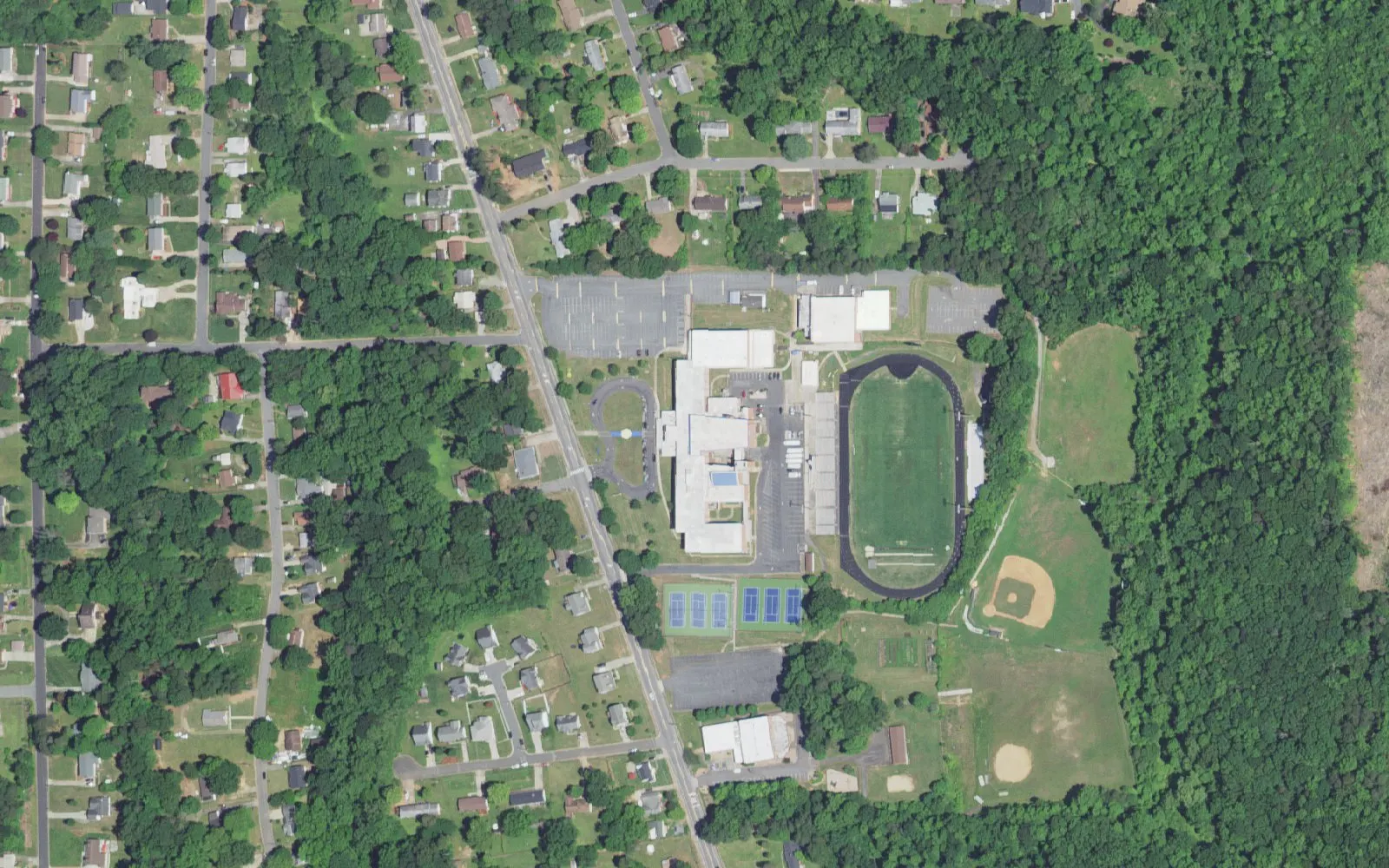 Carver High School and its grounds on Carver School Road in Winston-Salem, seen from the air