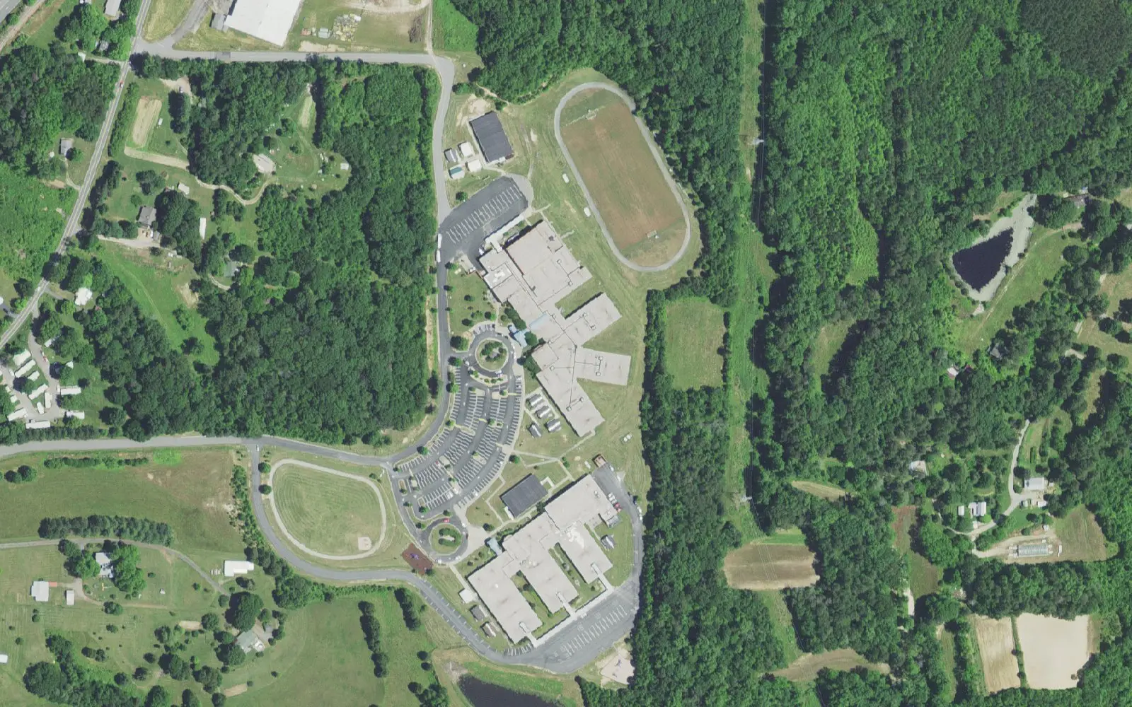 Clemmons Middle School and its grounds on Fraternity Church Road in Winston-Salem, seen from the air