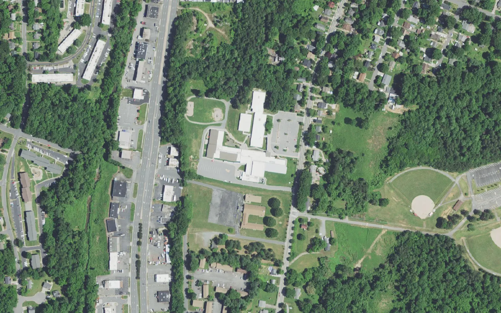 Diggs-Latham Elementary School and its grounds on Hutton St. in Winston-Salem, seen from the air