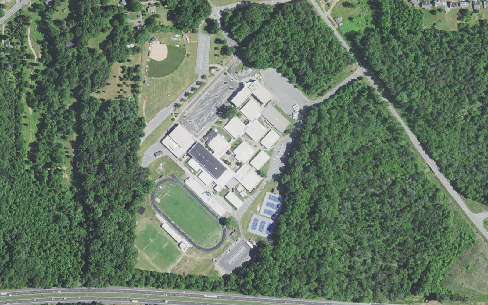 East Forsyth High School and its grounds on W. Mountain St. in Kernersville, seen from the air