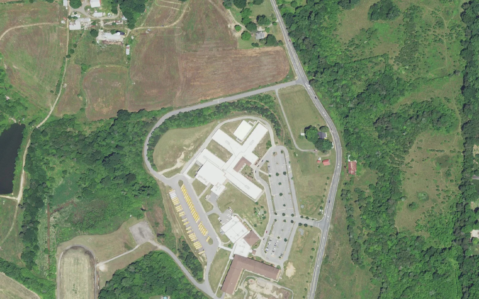 Flat Rock Middle School and its grounds on Ebert Road in Winston-Salem, seen from the air