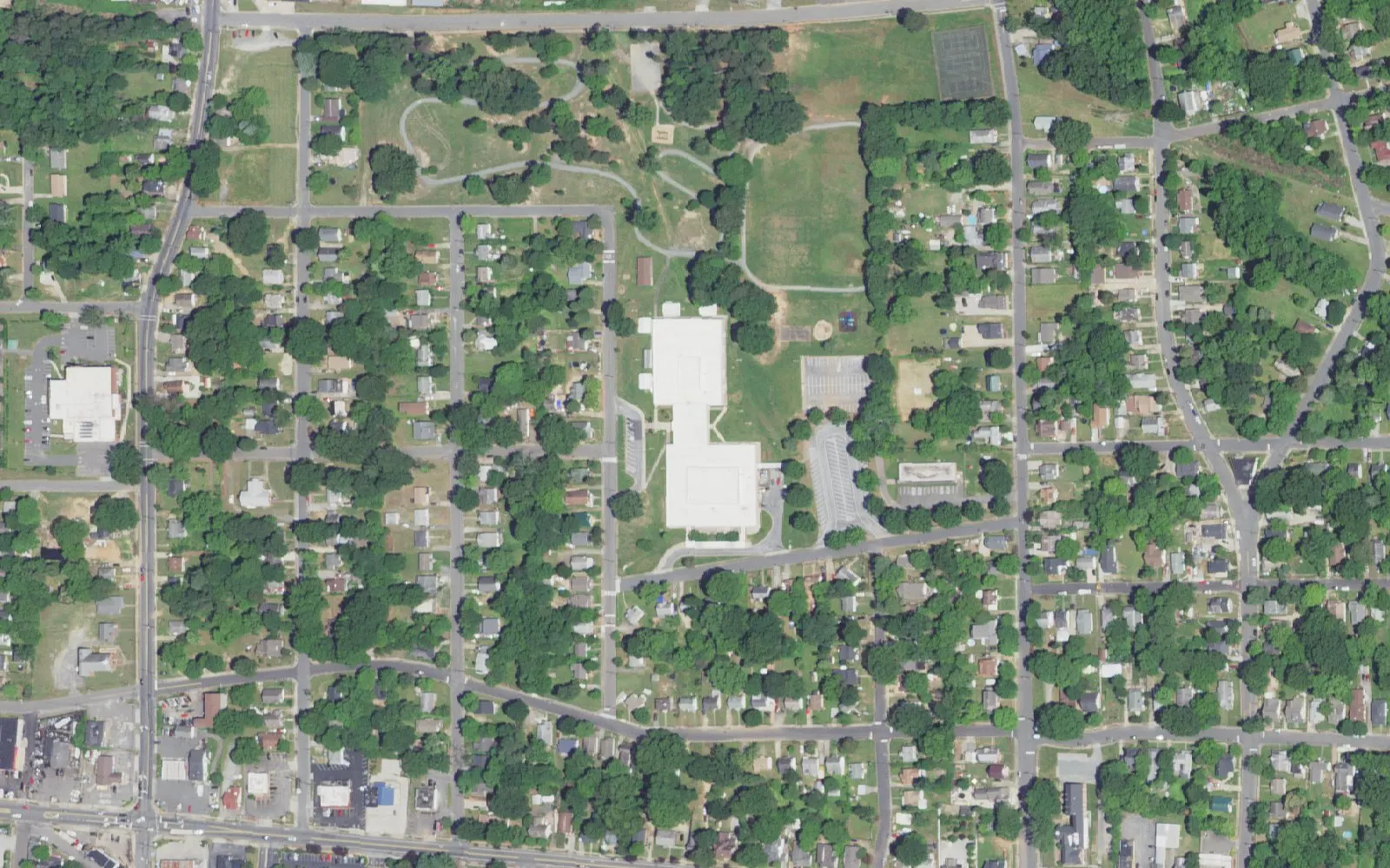 Forest Park Elementary School and its grounds on Milford St. in Winston-Salem, seen from the air