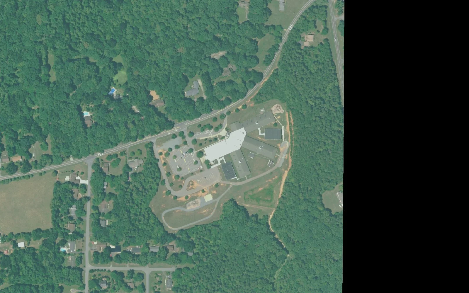 Gibson Elementary School and its grounds on Walker Road in Winston-Salem, seen from the air