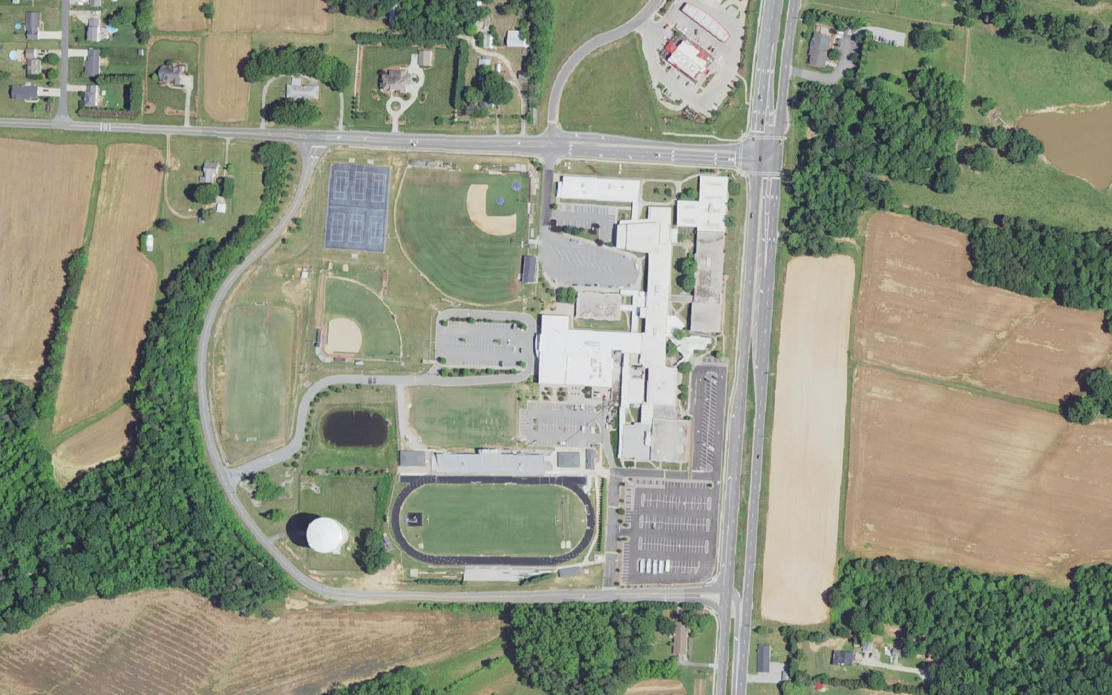 Robert B. Glenn High School and its grounds on Union Cross Road in Kernersville, seen from the air