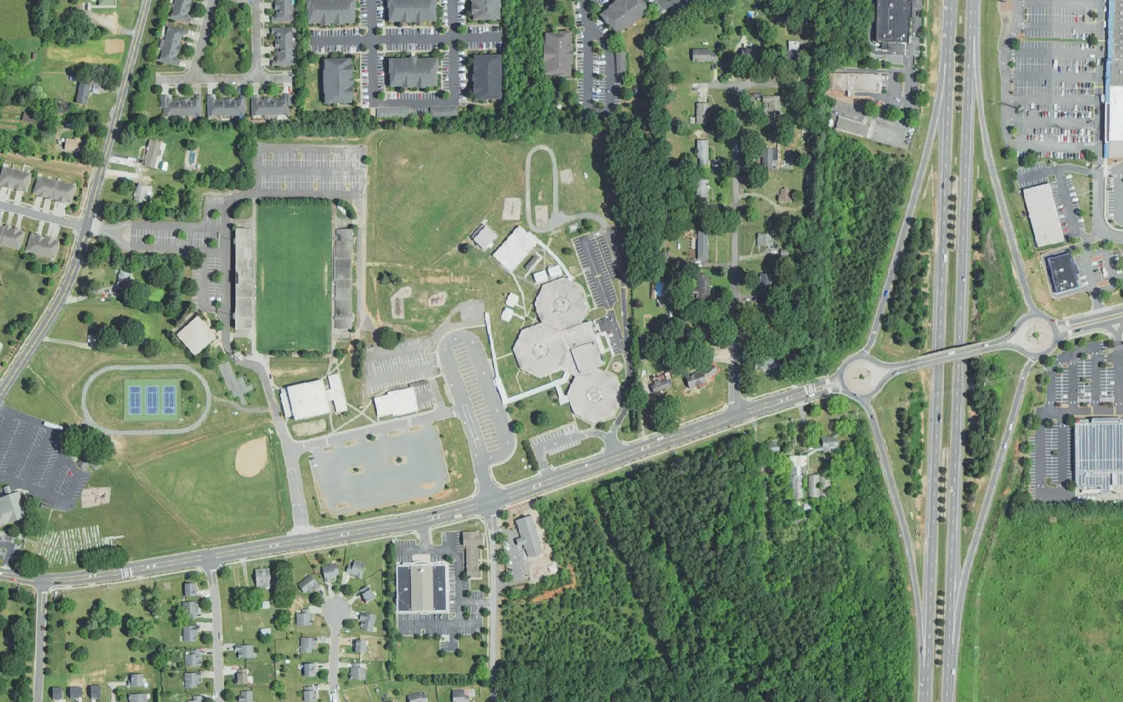 Griffith Elementary School and its grounds on W. Clemmonsville Road in Winston-Salem, seen from the air