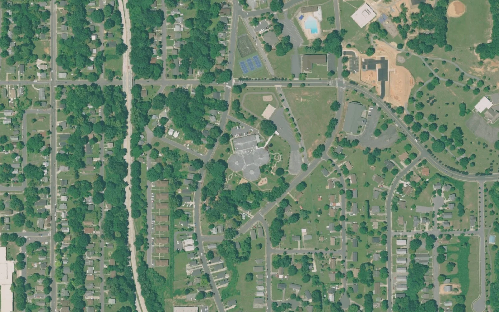 Kimberley Park Elementary School and its grounds on N. Cherry St. in Winston-Salem, seen from the air