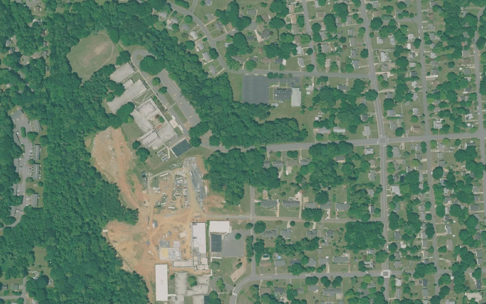 The Konnoak Middle School campus on Haverhill Street in Winston-Salem, seen from the air before its new building was built