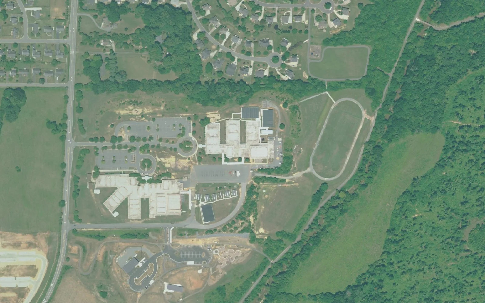 Meadowlark Elementary School and its grounds on Meadowlark Drive in Winston-Salem, seen from the air