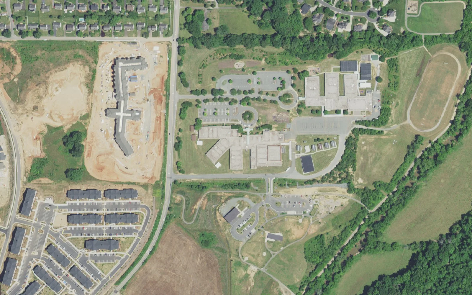 Meadowlark Middle School and its grounds on Meadowlark Drive in Winston-Salem, seen from the air