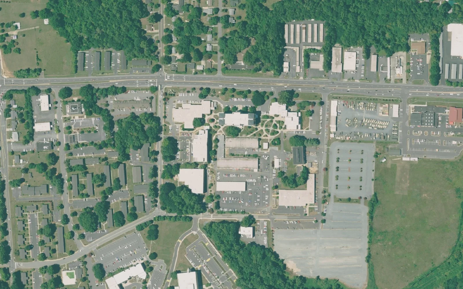 Forsyth Technical Community College's main campus on Silas Creek Parkway in Winston-Salem, home of the Middle College of Forsyth, seen from the air