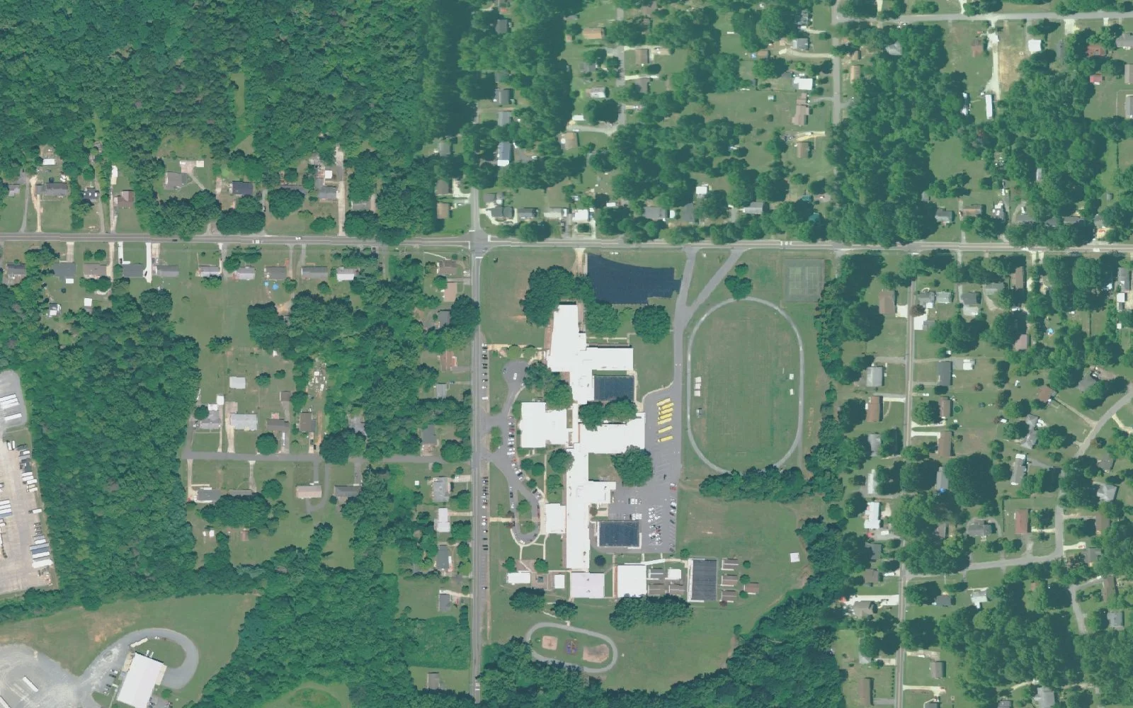 Mineral Springs Elementary School and its grounds on Ogburn Ave. in Winston-Salem, seen from the air