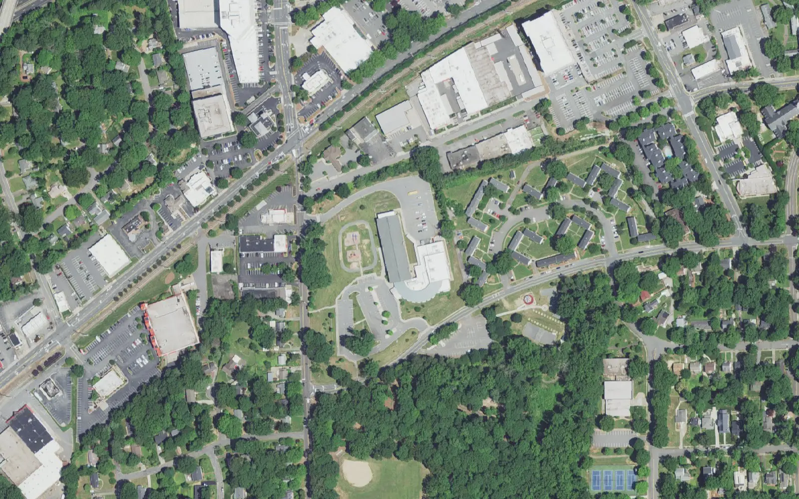Moore Magnet Elementary School and its grounds on Knollwood St. in Winston-Salem, seen from the air