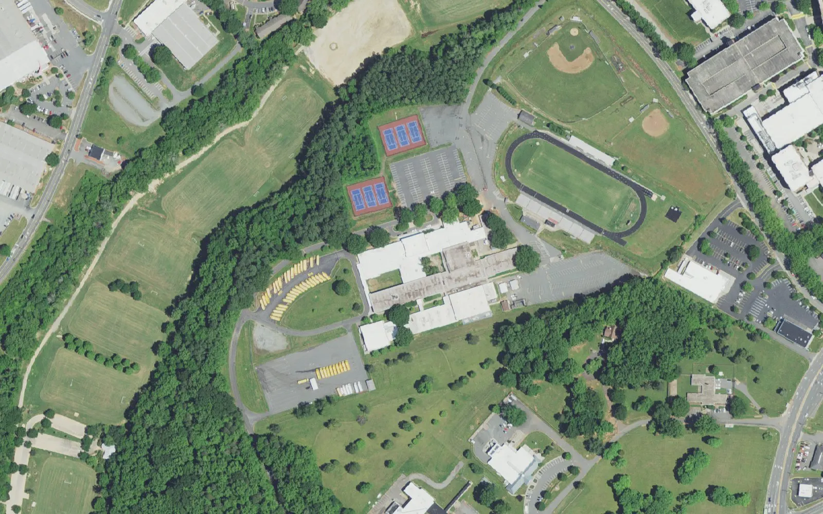 North Forsyth High School and its grounds on Shattalon Drive in Winston-Salem, seen from the air