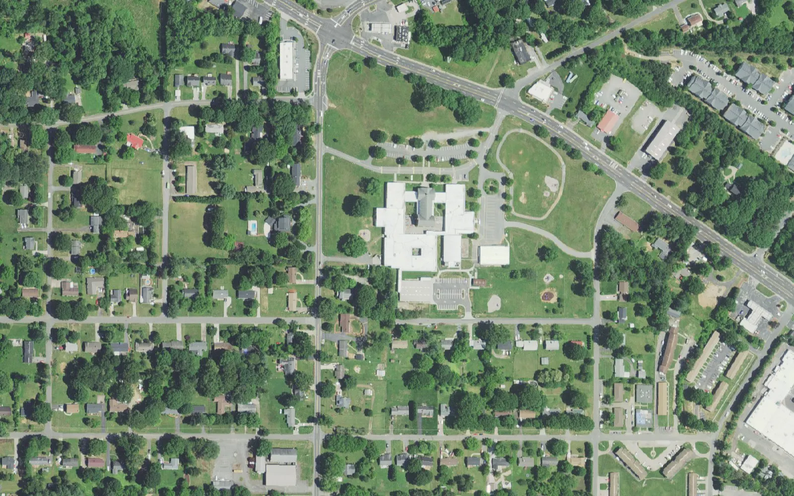 Old Town Elementary School and its grounds on Reynolda Road in Winston-Salem, seen from the air
