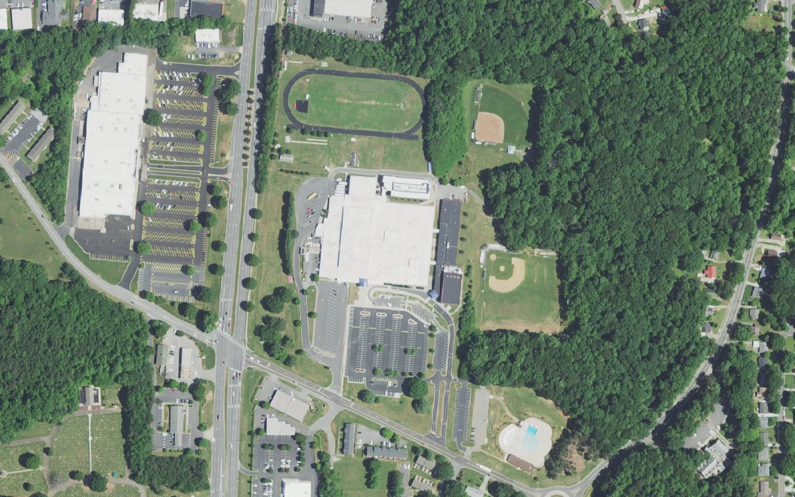 Parkland High School and its grounds on Brewer Road in Winston-Salem, seen from the air