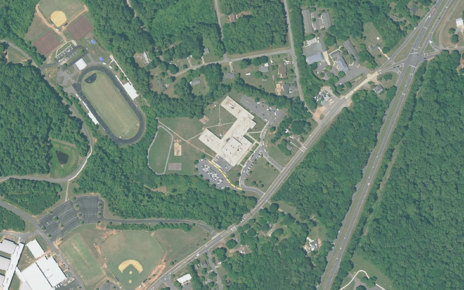 Petree Elementary School and its grounds on Old Greensboro Road in Winston-Salem, seen from the air