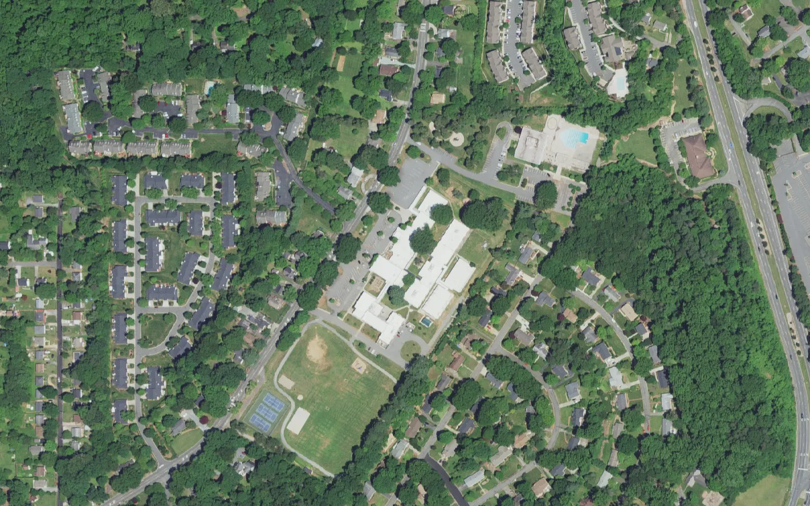 Speas Elementary School and its grounds on W. Polo Road in Winston-Salem, seen from the air