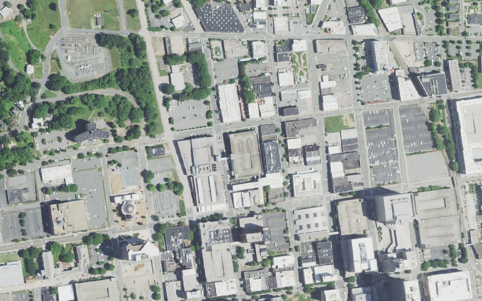 The Downtown School and its grounds on N. Cherry St. in Winston-Salem, seen from the air