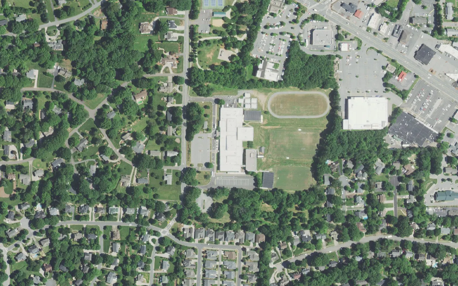 Thomas Jefferson Middle School and its grounds on Sally Kirk Road in Winston-Salem, seen from the air