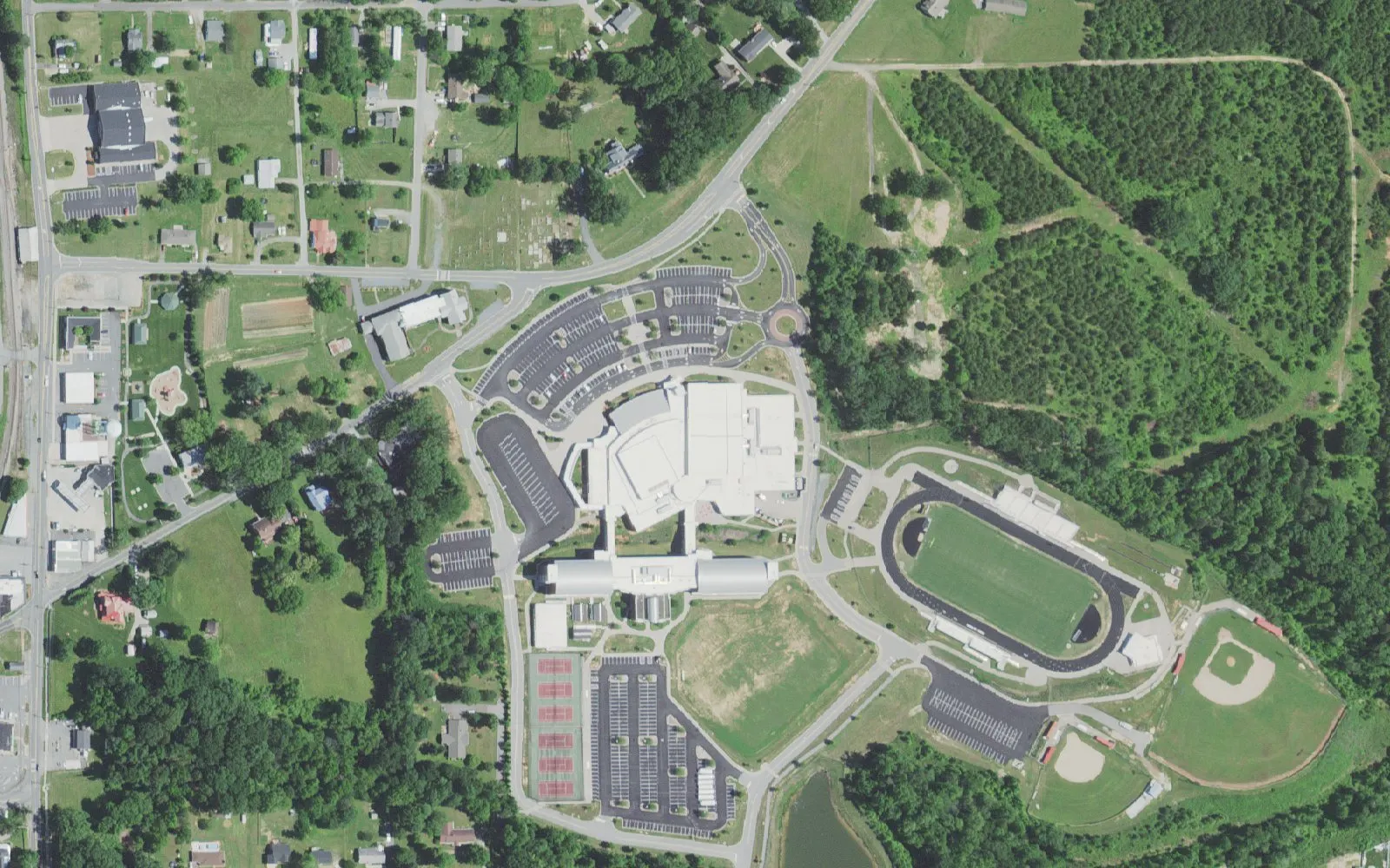 Walkertown High School and its grounds on Sullivantown Road in Walkertown, seen from the air