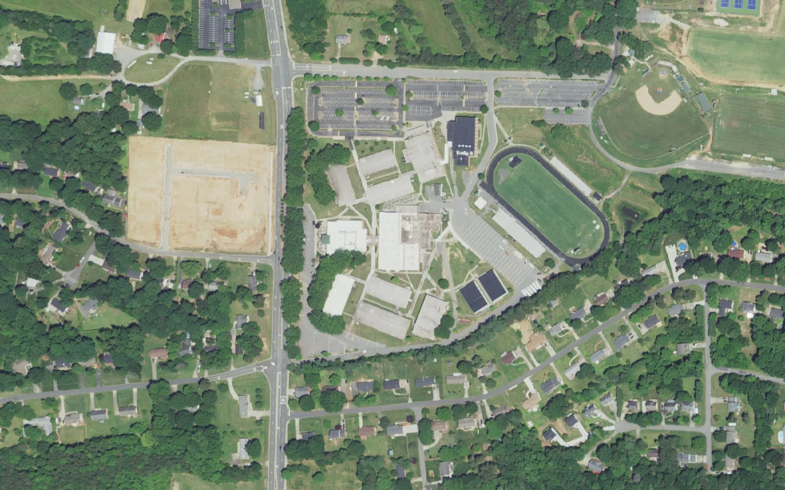 West Forsyth High School and its grounds on Lewisville-Clemmons Road in Clemmons, seen from the air
