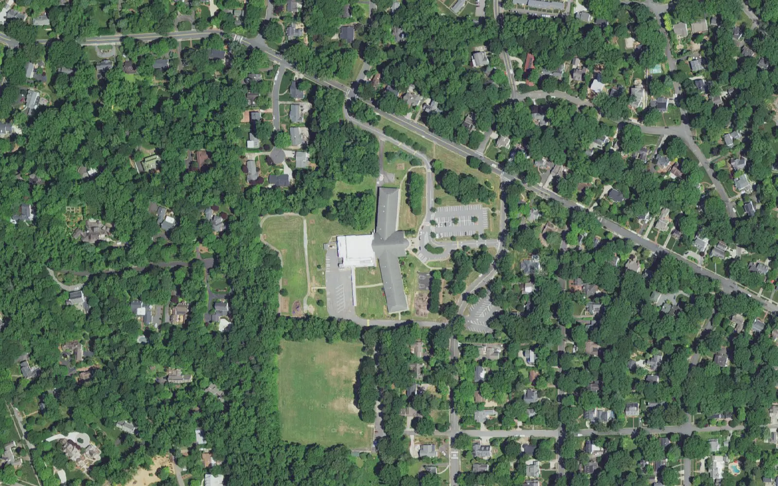 Whitaker Elementary School and its grounds on Buena Vista Road in Winston-Salem, seen from the air