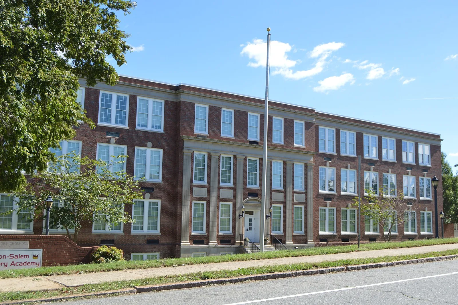 The entrance of the former Atkins High School building at 1215 N. Cameron Ave., home of Winston-Salem Preparatory Academy