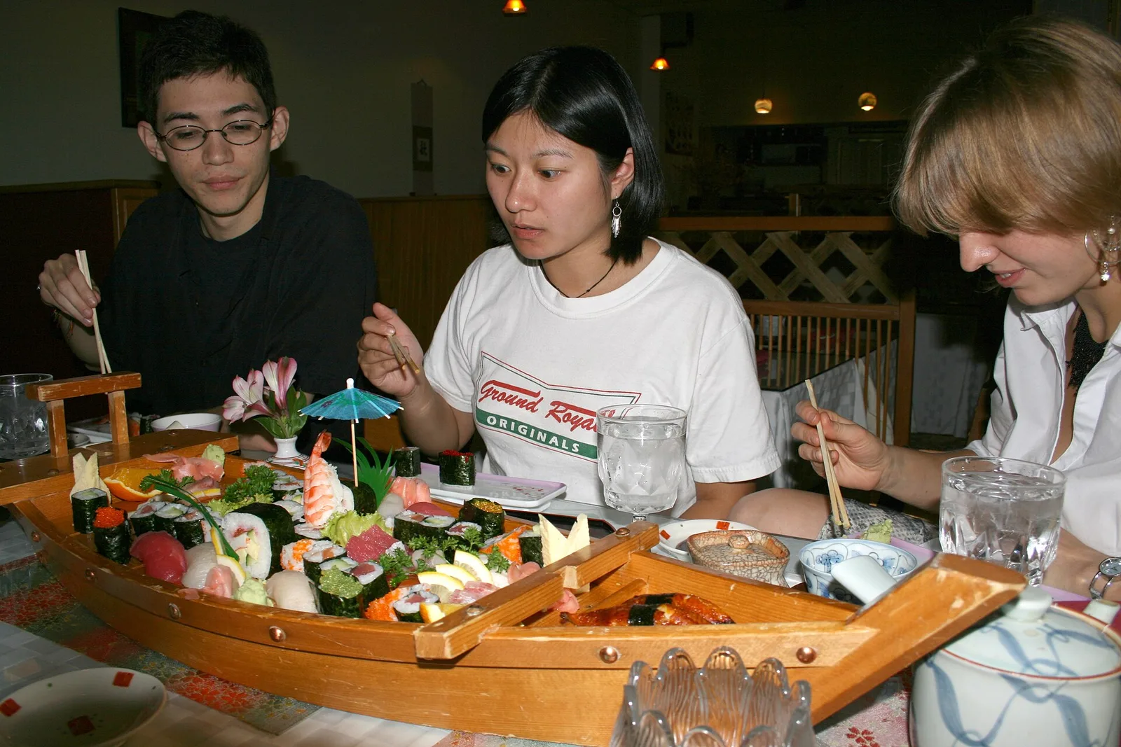 Assorted sushi and sashimi served on a wooden boat. The photo was not taken at a Winston-Salem restaurant.
