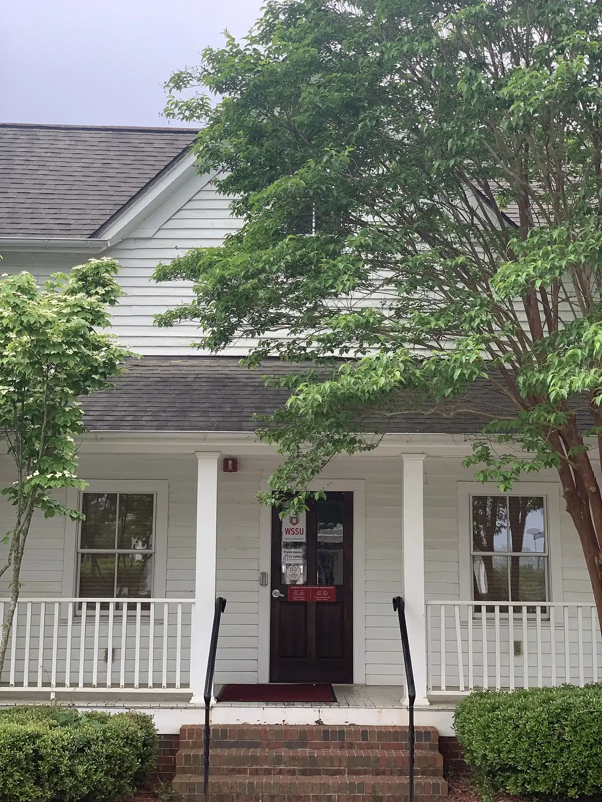The front porch of the S.G. Atkins House on the Winston-Salem State University campus.